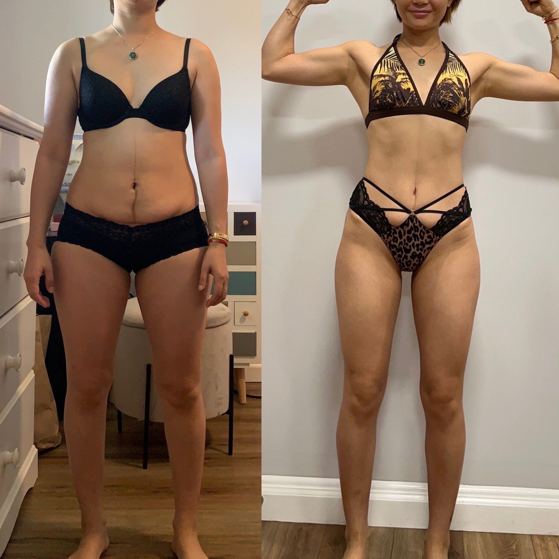 A woman in a bikini is shown before and after losing weight