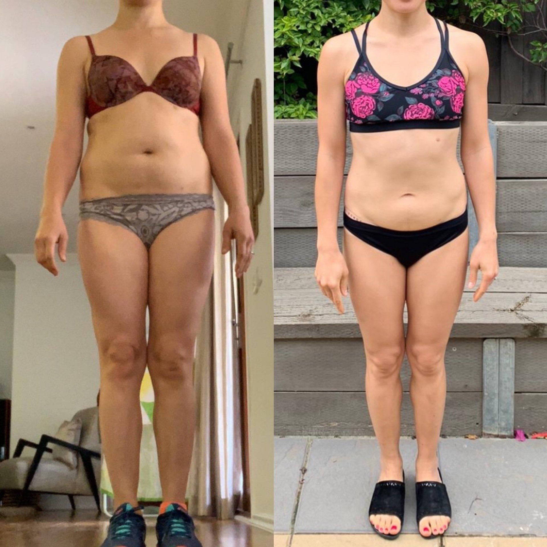 A woman in a bikini is shown before and after losing weight