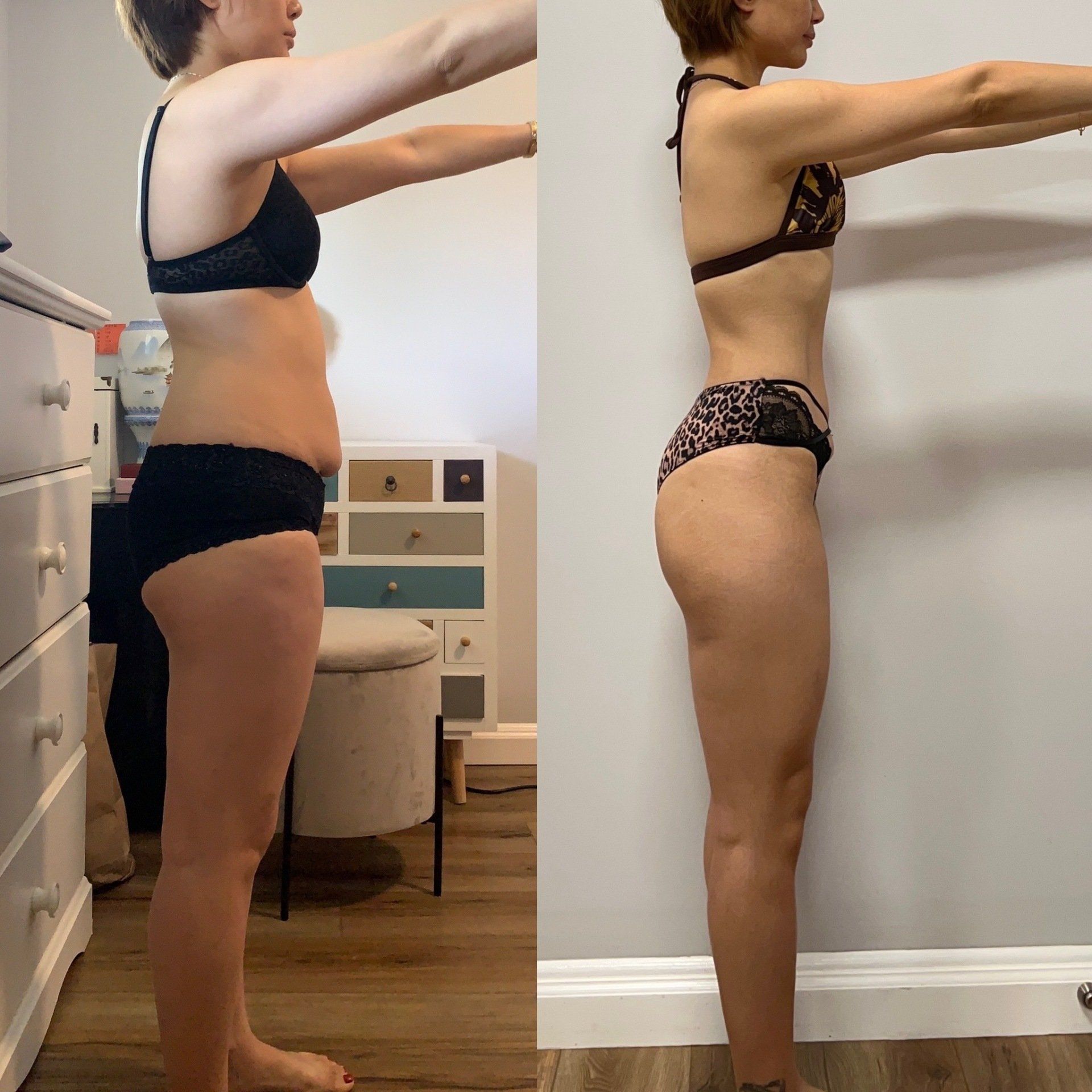 A before and after photo of a woman in a bikini.