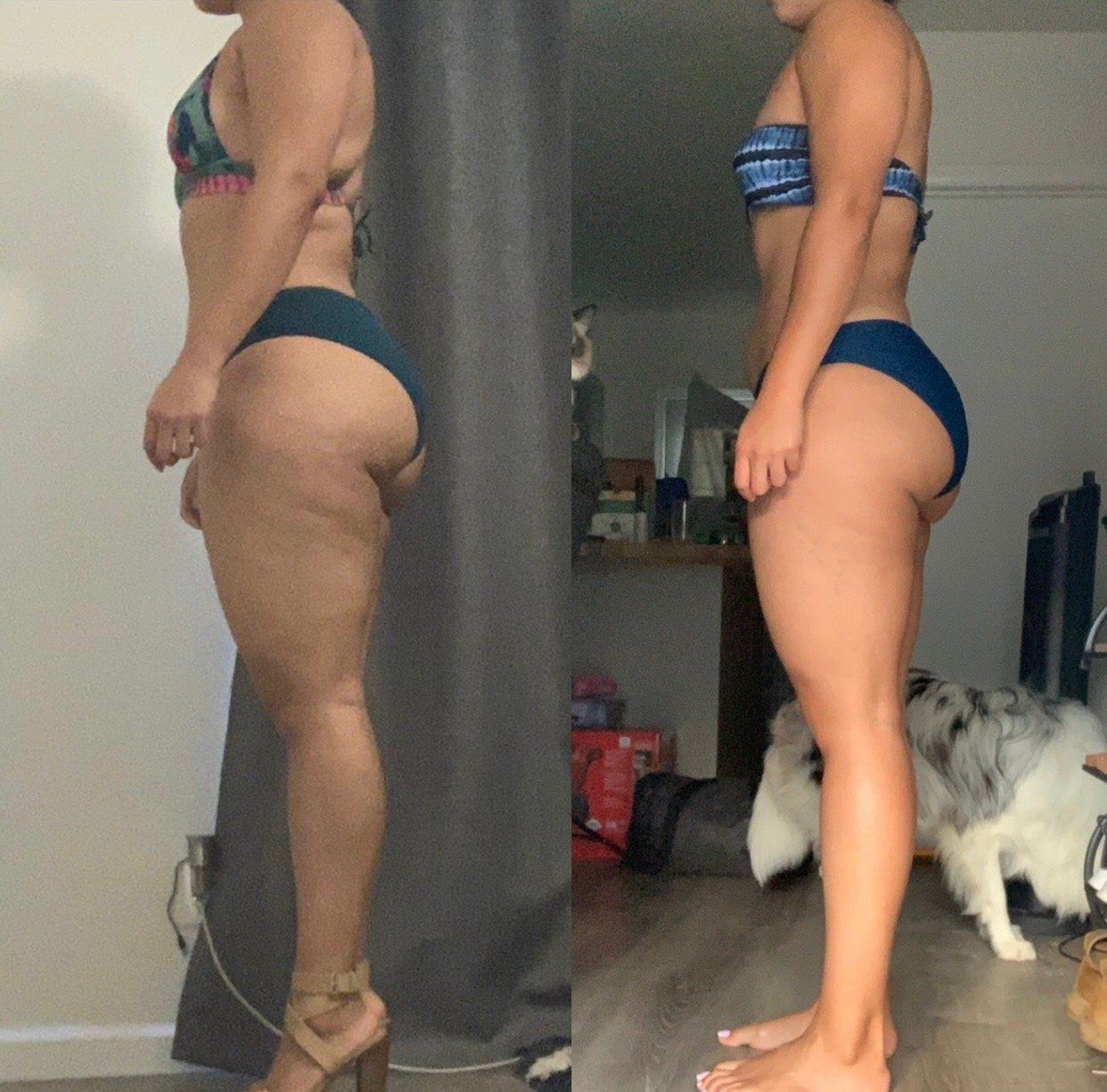 A woman in a bikini is standing next to a dog