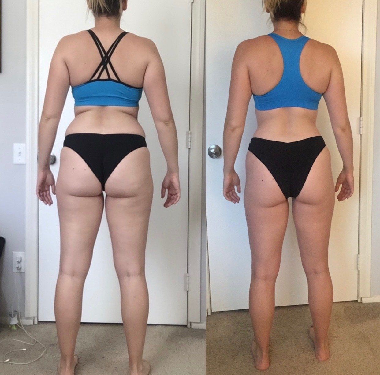 A woman in a blue sports bra and black underwear stands in front of a door