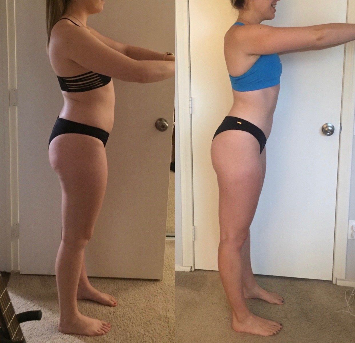 A woman in a bikini is standing in front of a door.