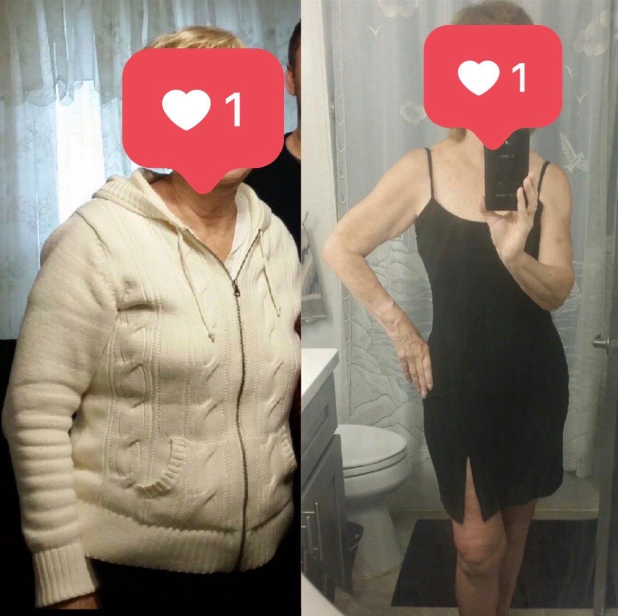 A before and after photo of a woman with hearts on her face