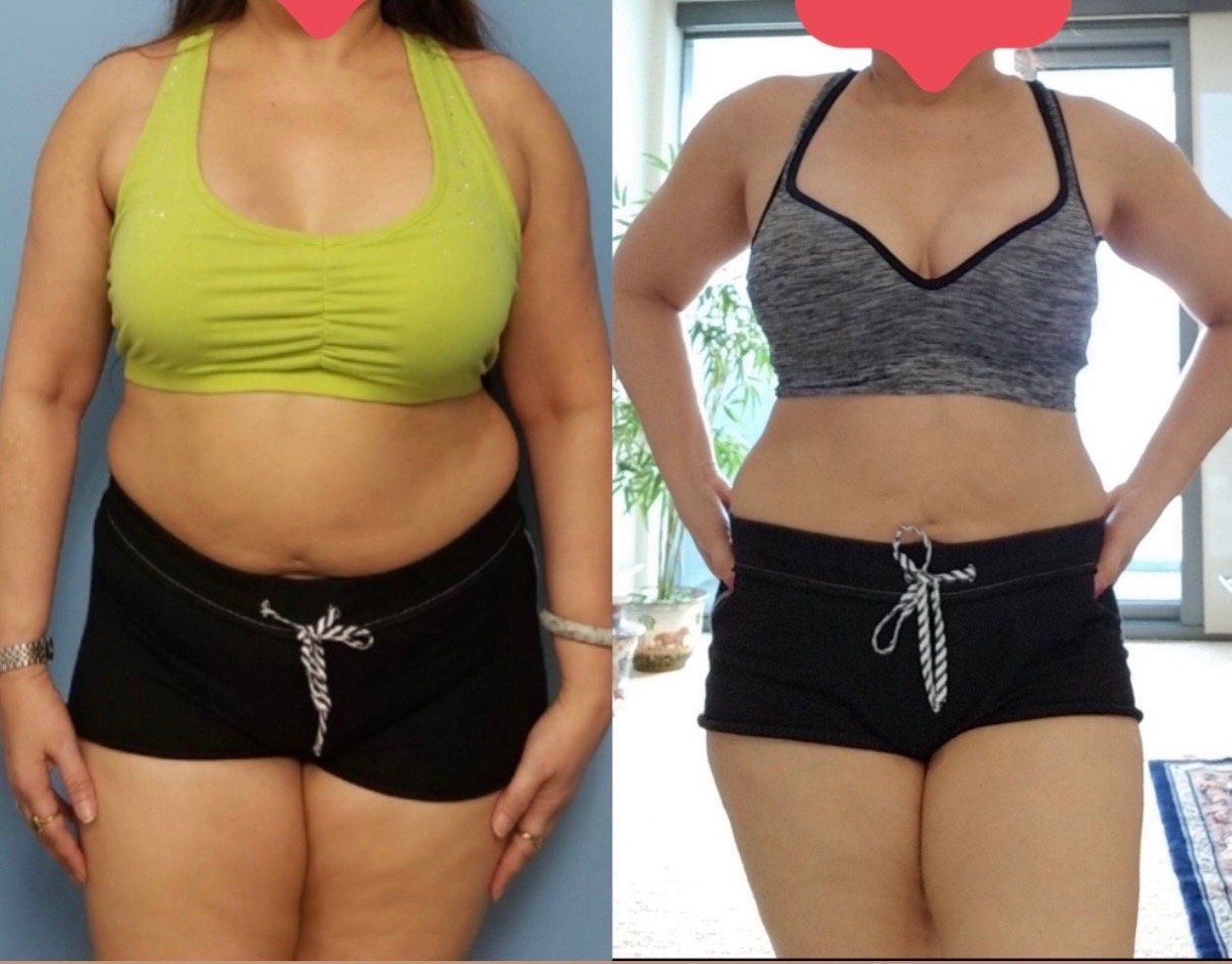 A before and after photo of a woman in a sports bra