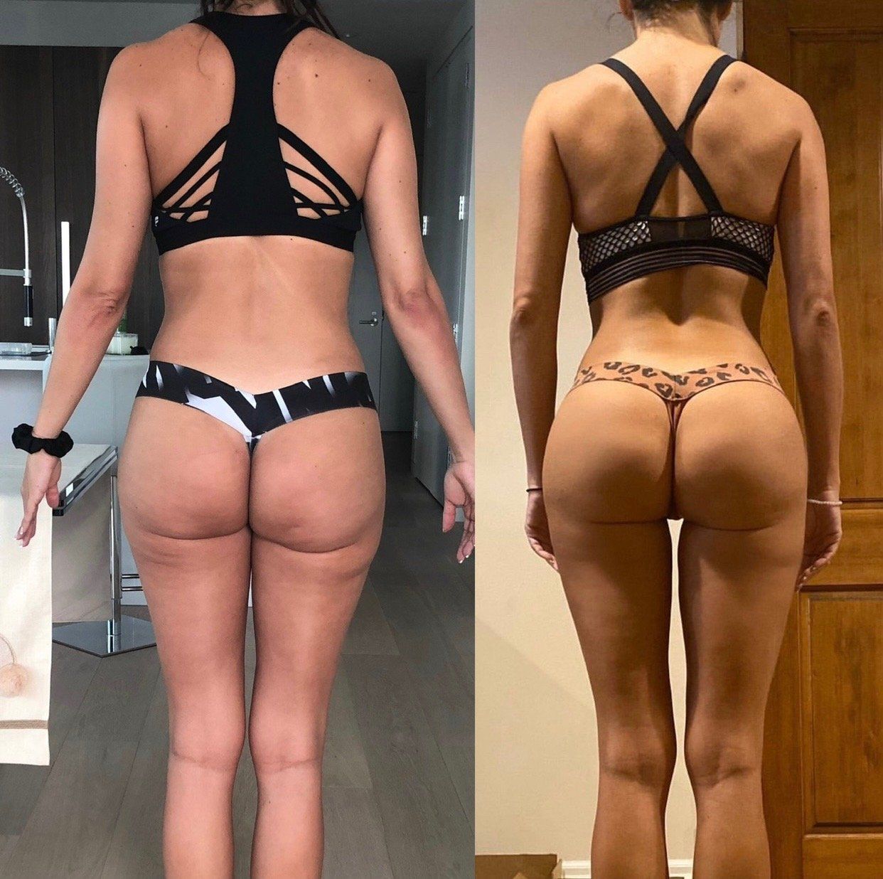 A woman in a bikini is standing in front of a door