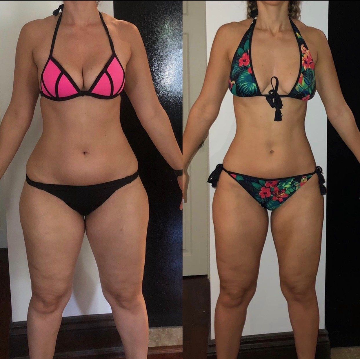 A woman in a bikini is shown before and after losing weight