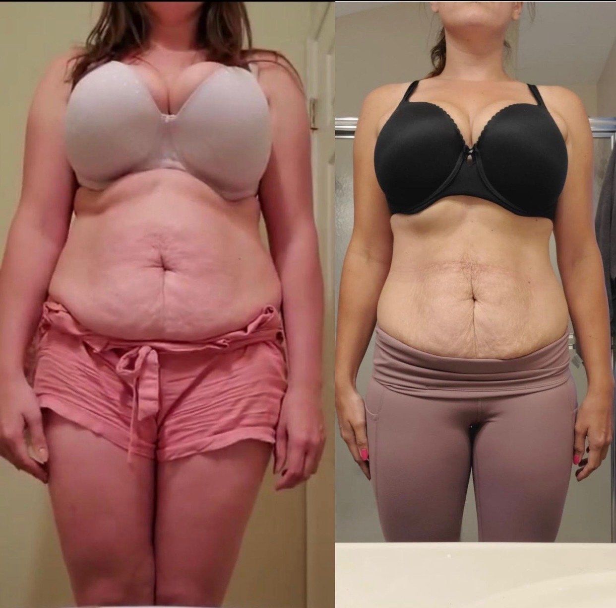 A woman in a bra and shorts is standing next to another woman in a bra and shorts