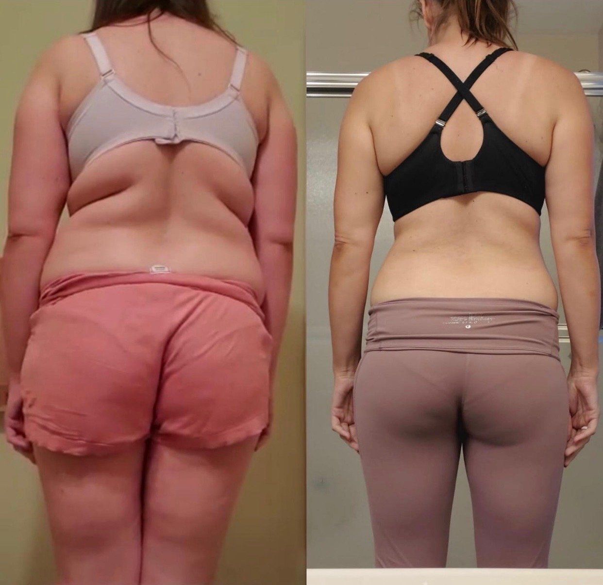 A woman in a bra and shorts is standing in front of a mirror