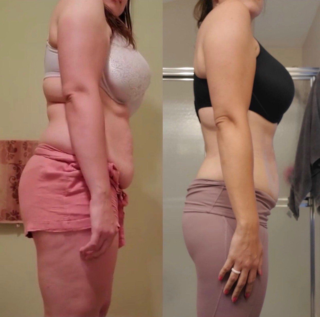 A woman in a bra and shorts is standing next to another woman in a bra and shorts.