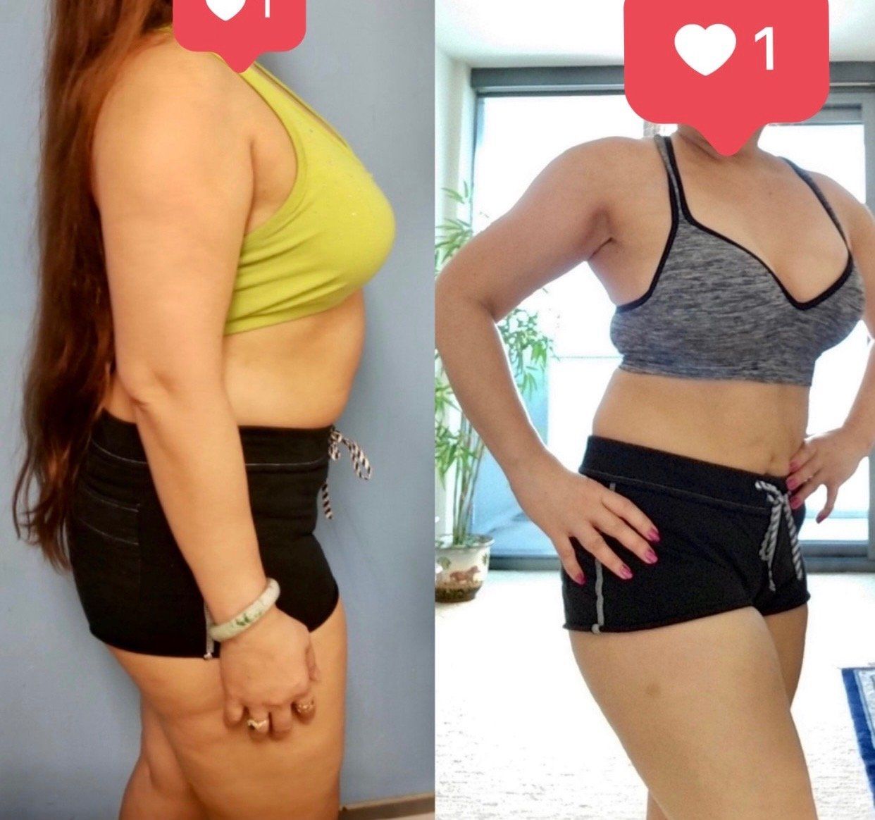 A before and after photo of a woman in a sports bra