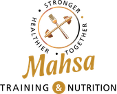 The logo for mahsa training and nutrition shows a fork and a dumbbell in a circle.