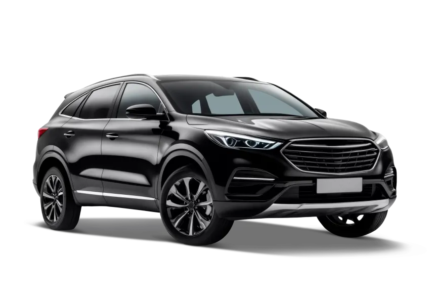 SUV preto sobre fundo branco, vista frontal em três quartos.