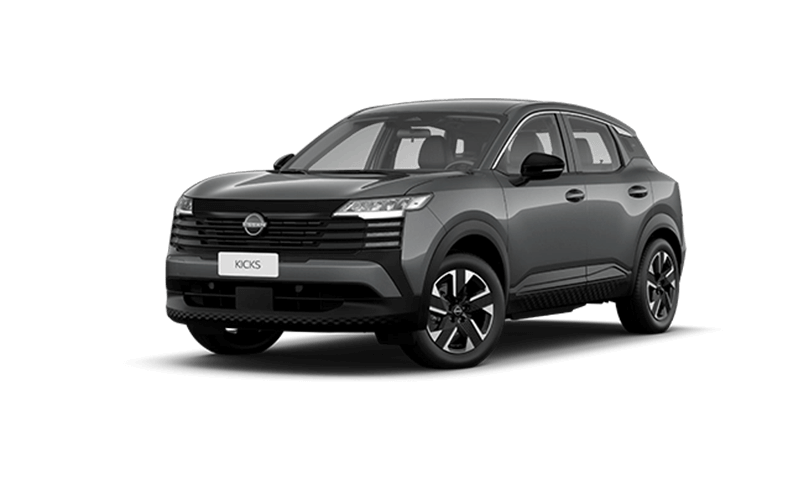 SUV Nissan cinza escuro sobre fundo branco, vista frontal em três quartos.