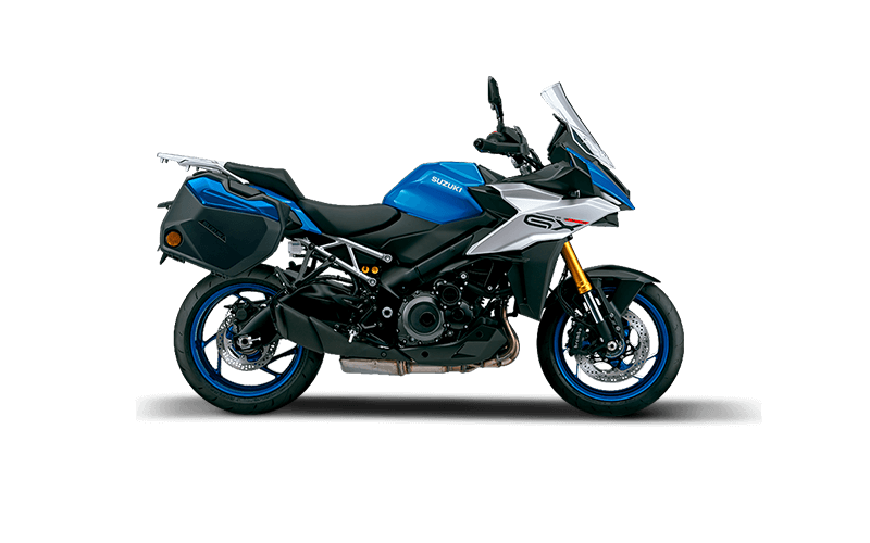 Motocicleta esportiva touring azul e preta sobre fundo branco, vista lateral.