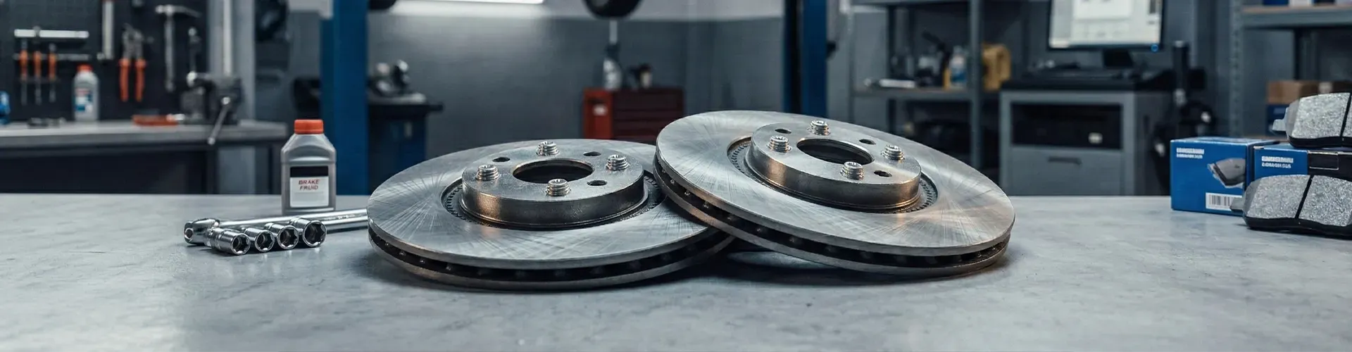 Duas engrenagens de metal sobre uma bancada em uma oficina mecânica.