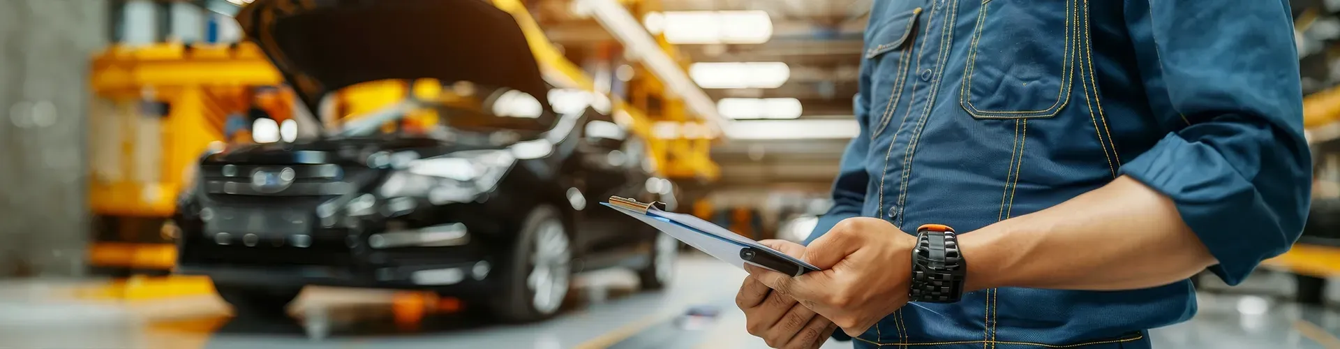 Pessoa segurando um smartphone em uma garagem de estacionamento com um carro preto ao fundo.