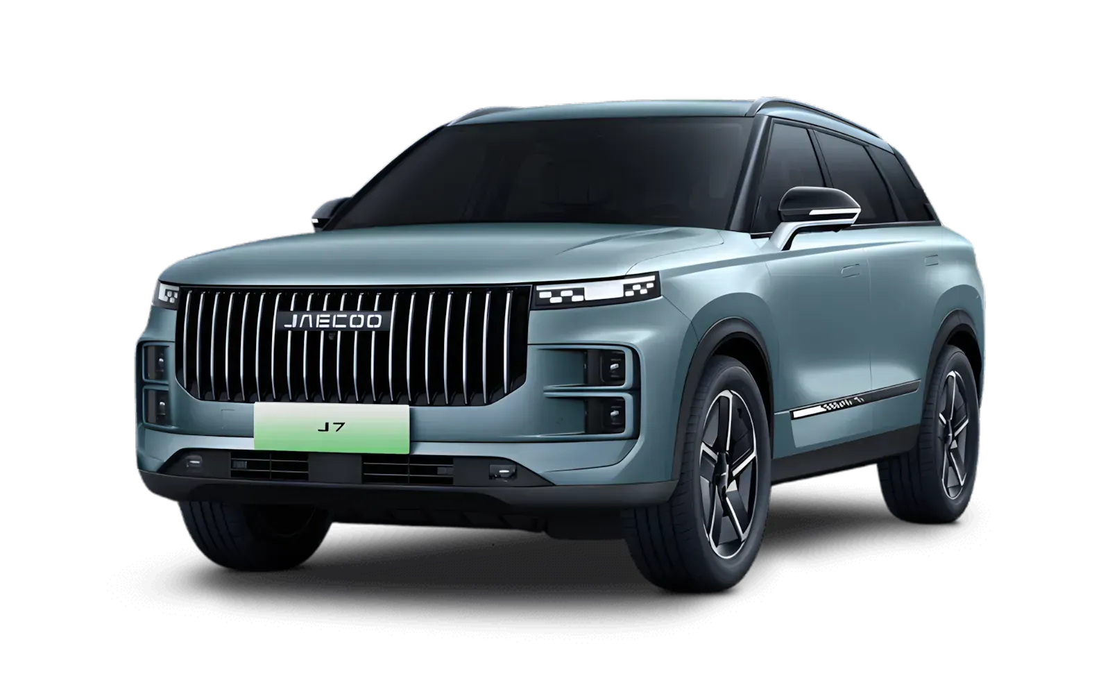 SUV elétrico azul claro com teto preto, vista frontal em três quartos sobre fundo branco.