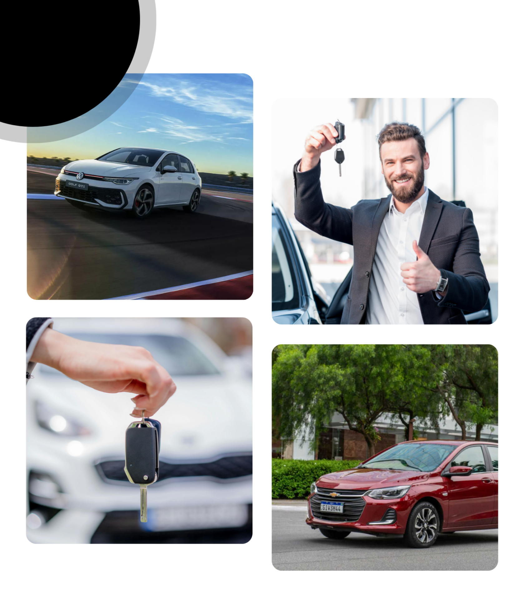 Colagem: uma caminhonete preta, um homem sorrindo enquanto segura as chaves, chaves perto de um carro, carro vermelho estacionado do lado de fora.