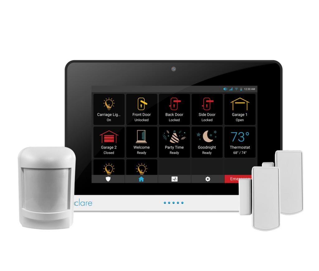 A home security system with a monitor , motion sensor , and door and window sensors.