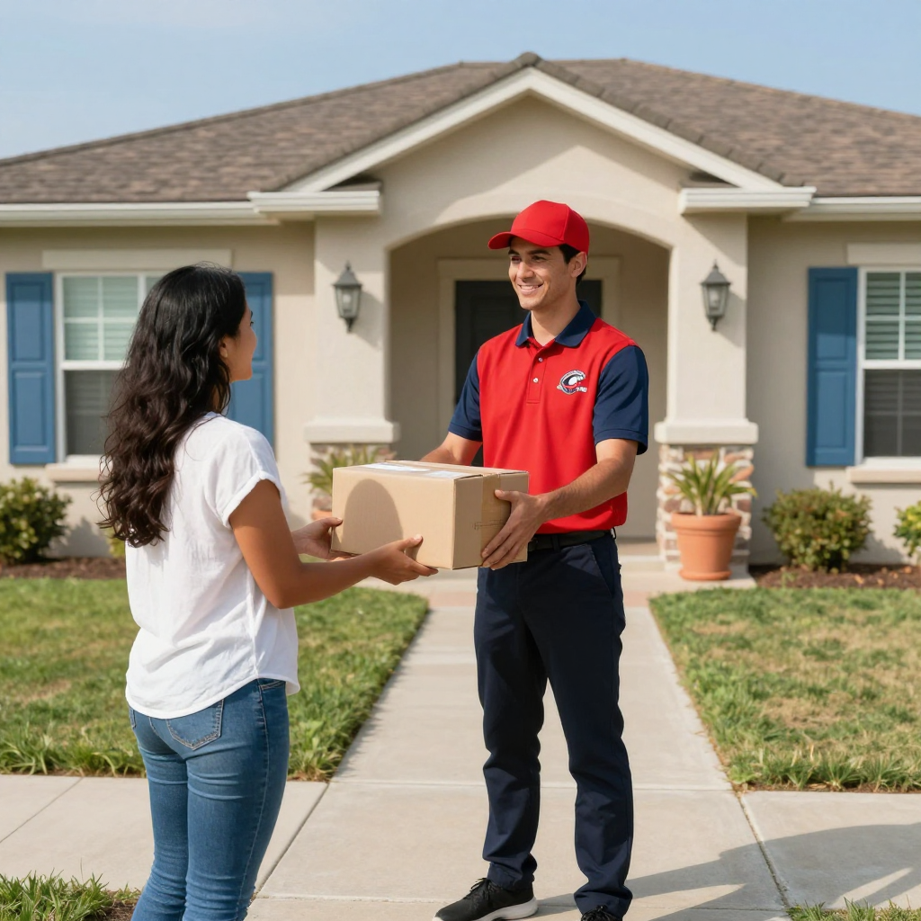 A delivery person in a red and blue uniform hands a cardboard package to a person standing on a suburban home walkway.