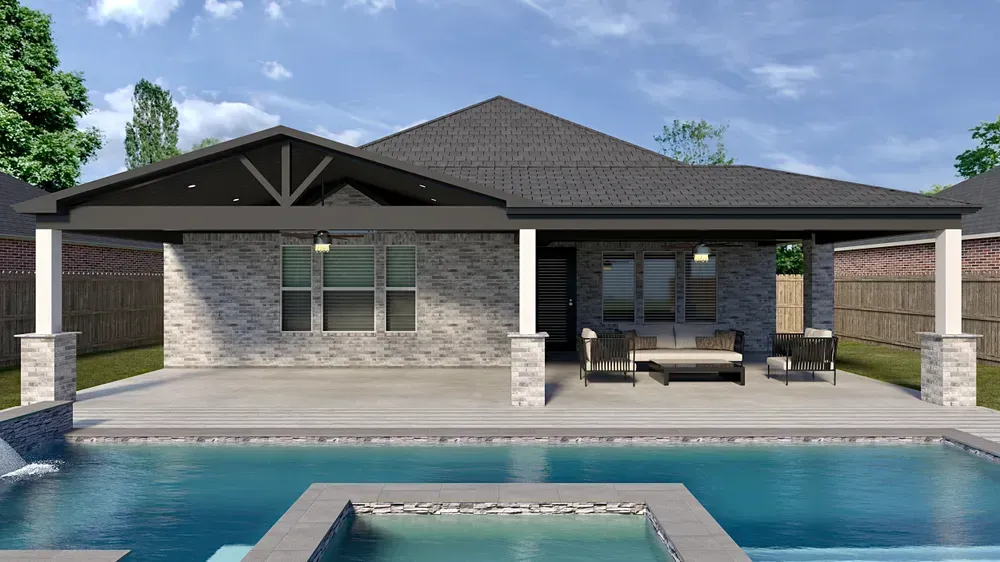 Backyard with pool and covered patio; brick house, dark roof, outdoor furniture, sunny.