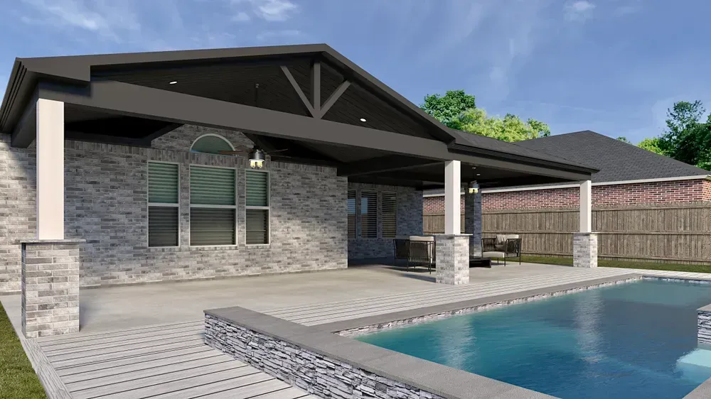 House with a patio, pool, and brick facade. Gray and black accents, and blue sky background.