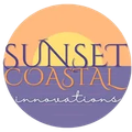 Sunset Coastal Innovations logo with stylized text over a sunset and ocean scene in orange, yellow, and purple.