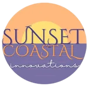 Sunset Coastal Innovations logo with stylized text over a sunset and ocean scene in orange, yellow, and purple.