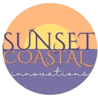 Sunset Coastal Innovations logo with stylized text over a sunset and ocean scene in orange, yellow, and purple.