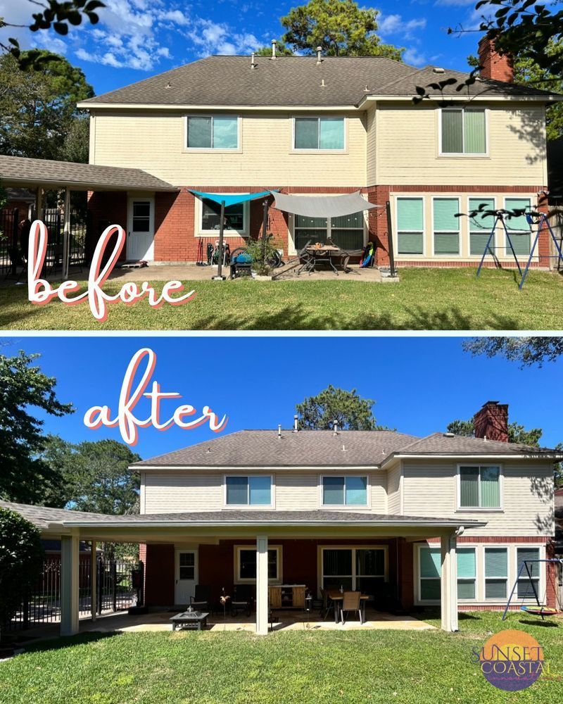 Before-and-after view of a house exterior with a covered patio. The 