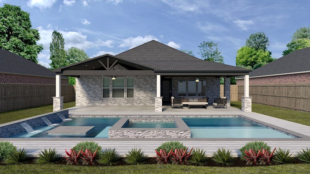 Backyard with a pool, spa, and covered patio. Light brick house, dark roof, and landscaping.
