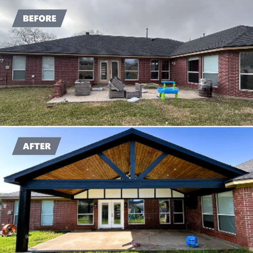 Before and after of a patio, with a new black-framed wooden roof. Red brick house in the background.