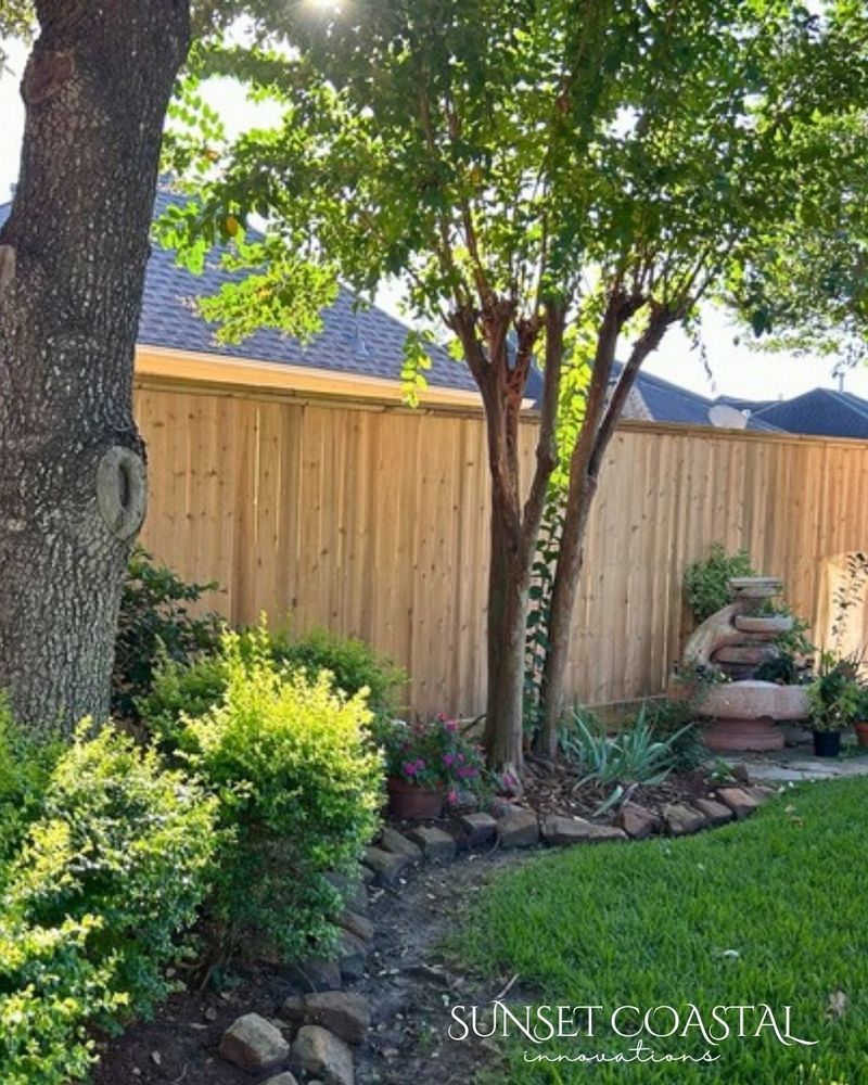 Lush backyard with a wooden fence, grass, trees, and a small water fountain. Bright sunlight.