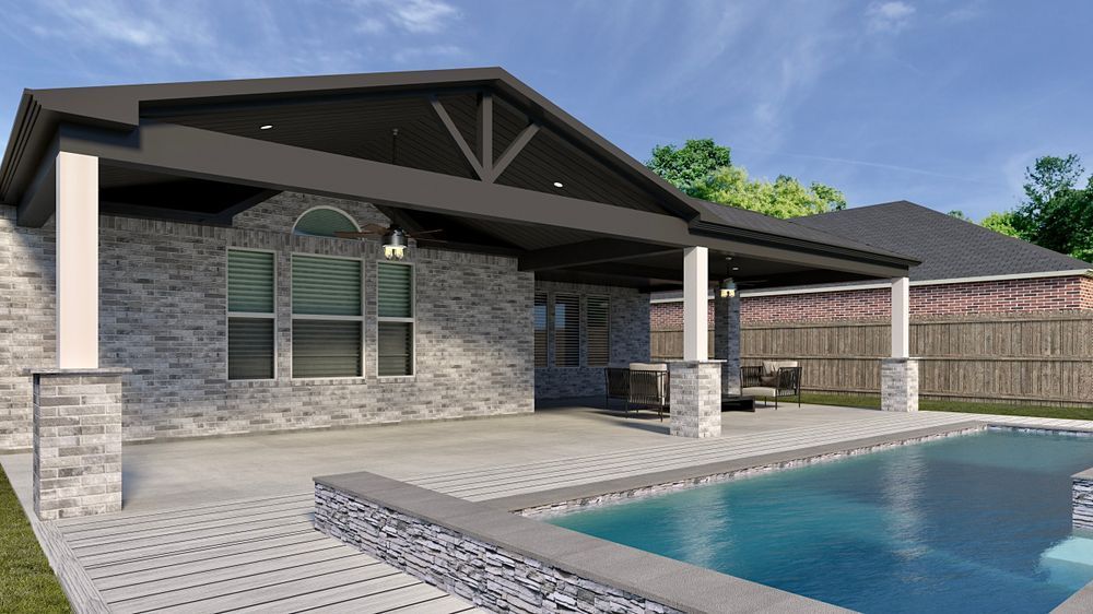Backyard patio with a pool, gray brick home, dark roof, covered seating area, and wooden beams.