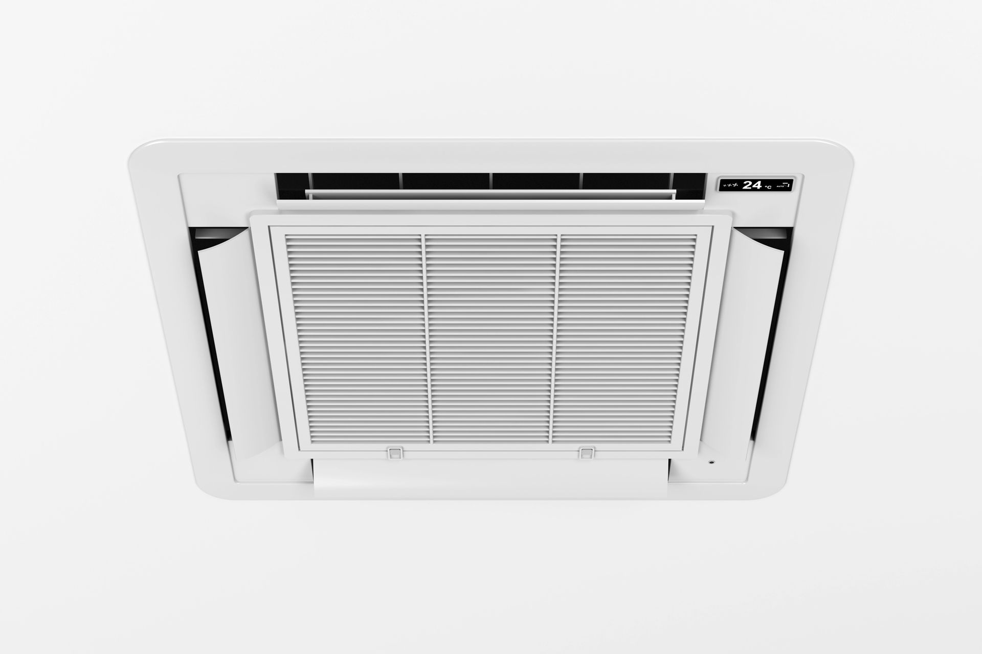 Condizionatore d'aria bianco da soffitto con griglia a persiana e display digitale.