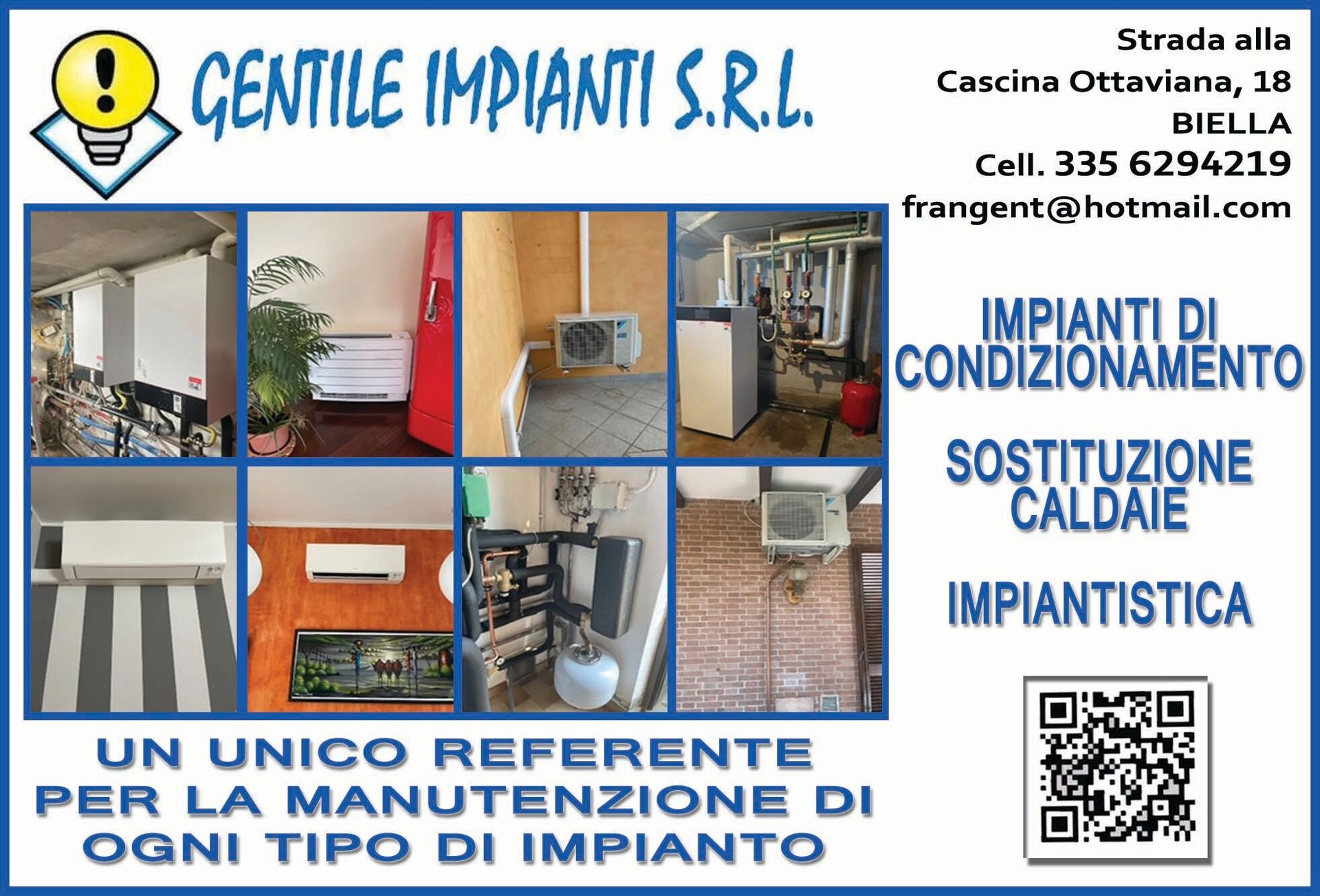 Pubblicità per Gentile Impianti SRL con foto delle attrezzature installate e informazioni di contatto.