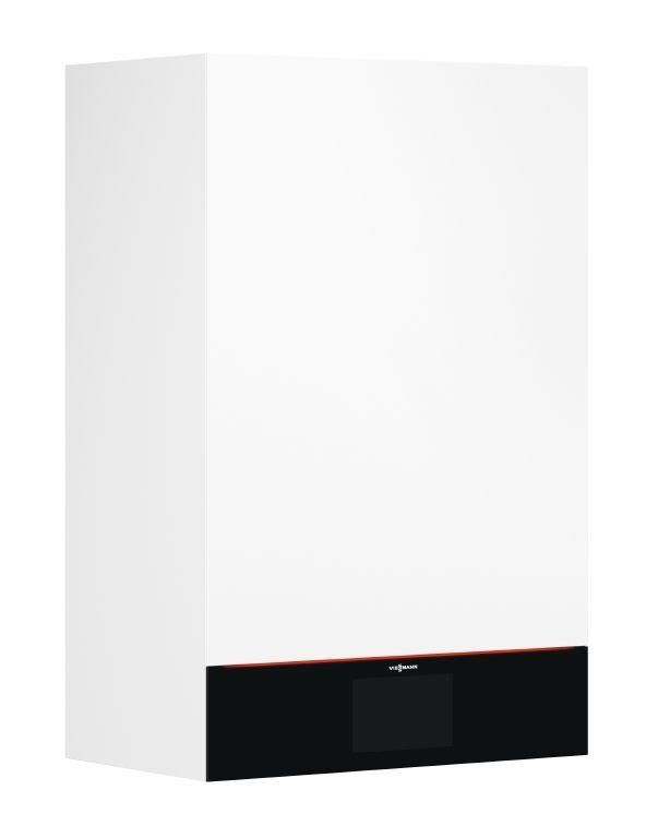 Caldaia a gas residenziale bianca e nera da parete con display digitale e dettagli arancioni.