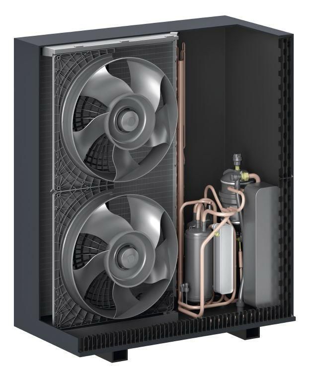 Vista in sezione di un'unità di pompa di calore esterna con due ventole e tubi in rame.