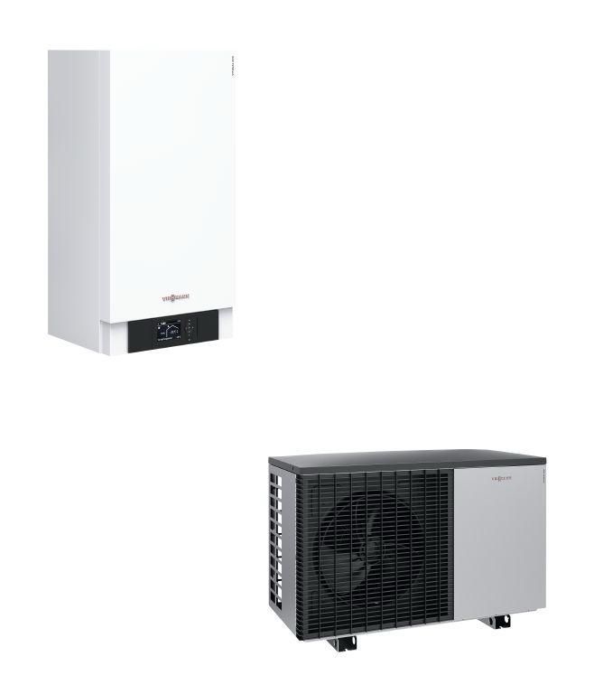 Sistema a pompa di calore bianca con unità esterna e unità interna a parete.