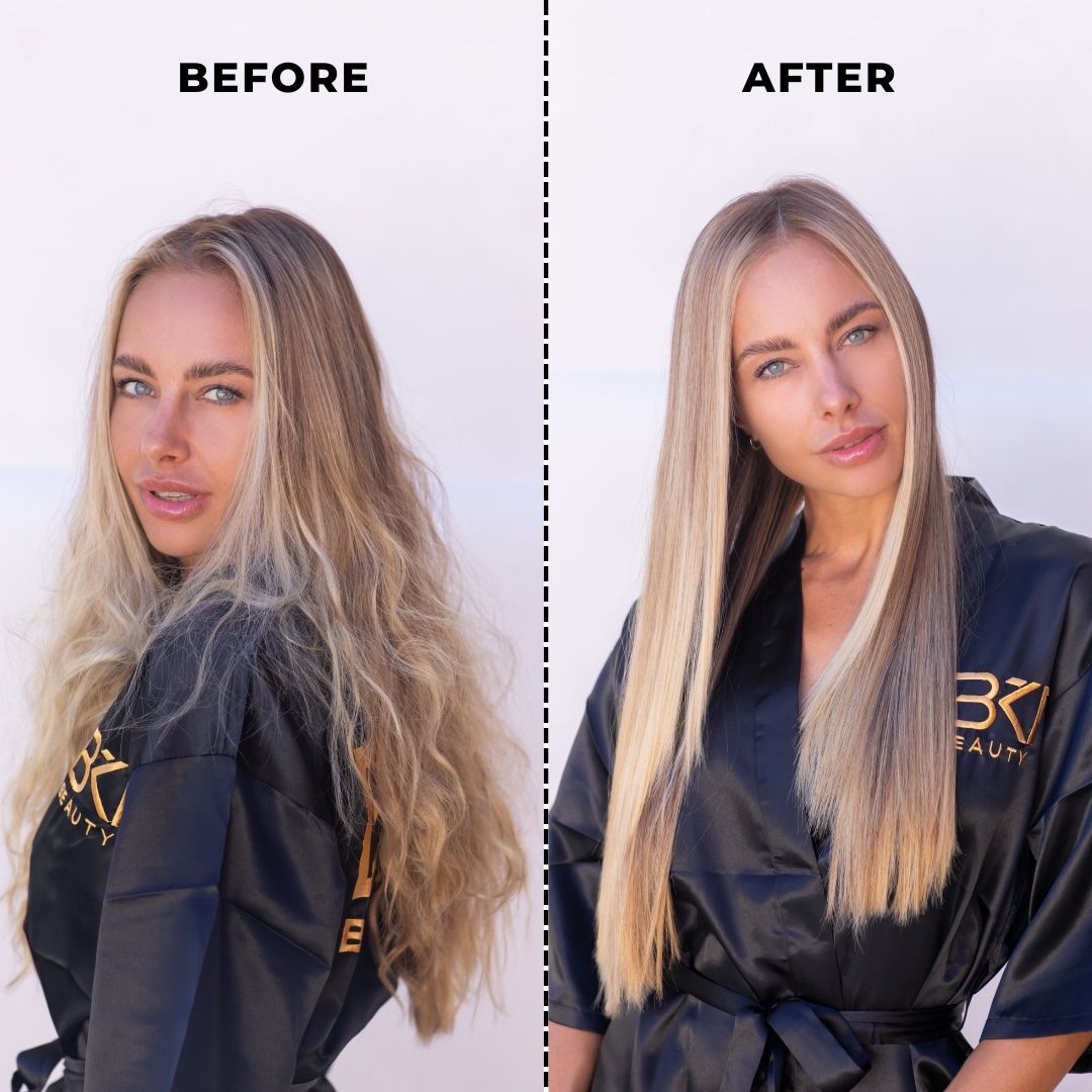 A Before and After Photo of a Woman 's Hair — Tree House Salon In Nerang, QLD