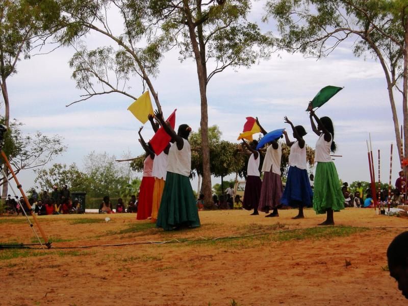 A group of people standing in a field holding flags