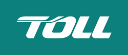 A white toll logo on a green background