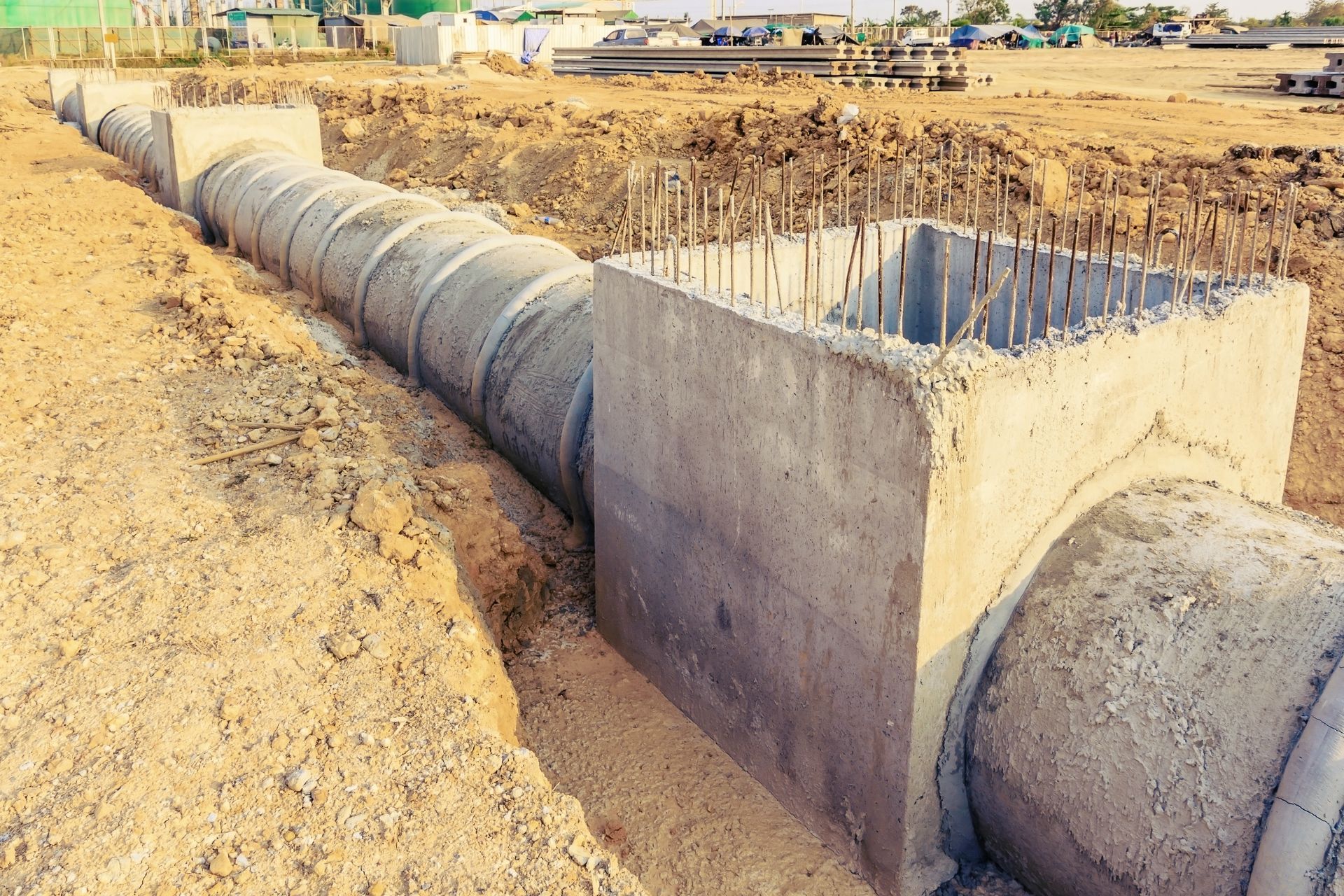 A concrete pipe is being installed in a dirt field.