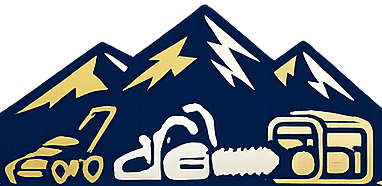 Logo featuring a dark blue mountain silhouette with white lighting bolts, a lawnmower, chainsaw, and generator in tan.