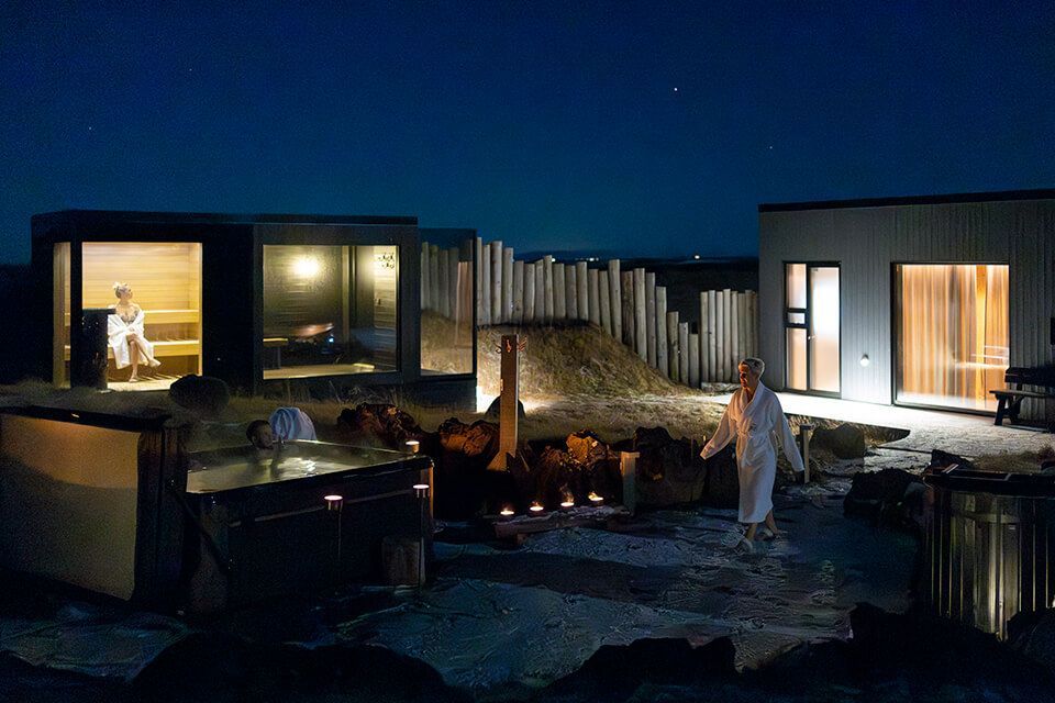 Sauna and hot tub at night.