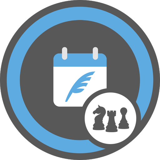 A calendar with a feather and chess pieces in a circle.