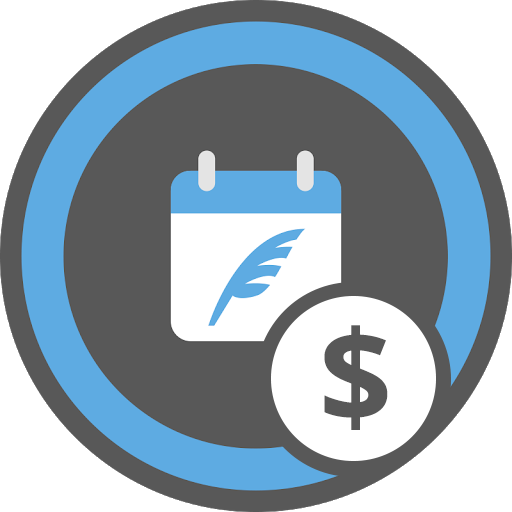 A calendar with a feather and a dollar sign in a circle.