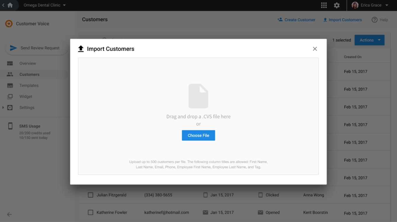 A screenshot of a popup window that says `` import customers ''.