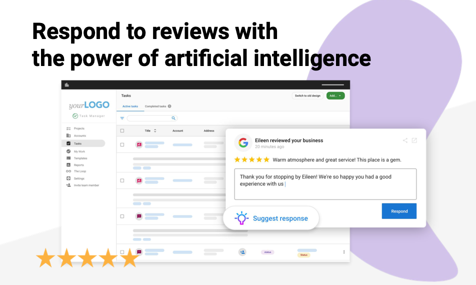 A screenshot of a website that says `` respond to reviews with the power of artificial intelligence ''.