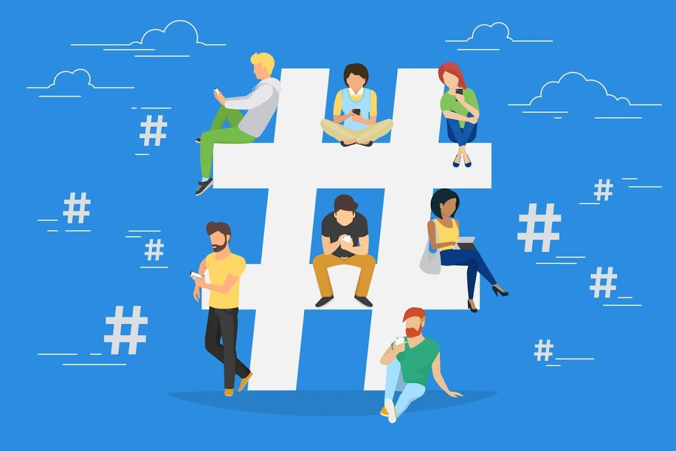 A group of people are sitting on top of a hashtag sign.